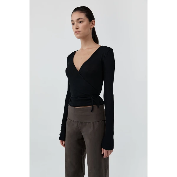 St. Agni Baby Wool Wrap Top in Black, view 4