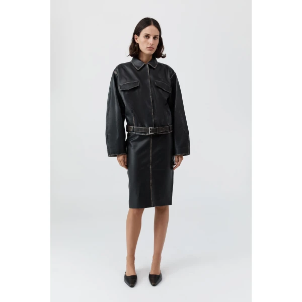 St. Agni Brushed Leather Belted Jacket in Black, view 2