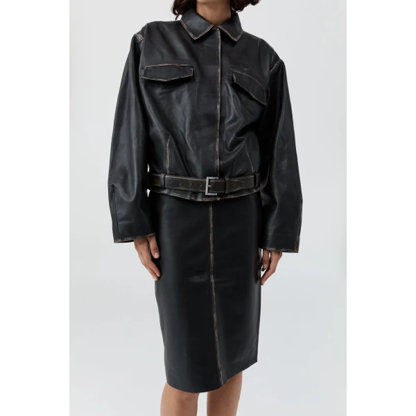 St. Agni Brushed Leather Belted Jacket in Black, view 3