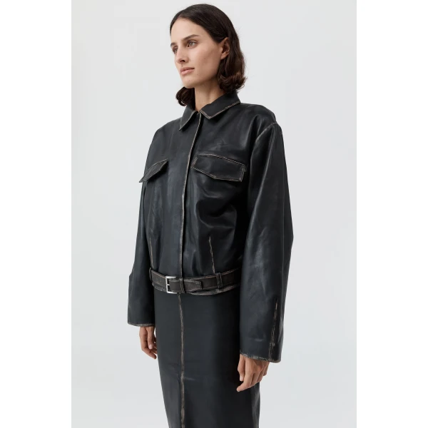 St. Agni Brushed Leather Belted Jacket in Black, view 4