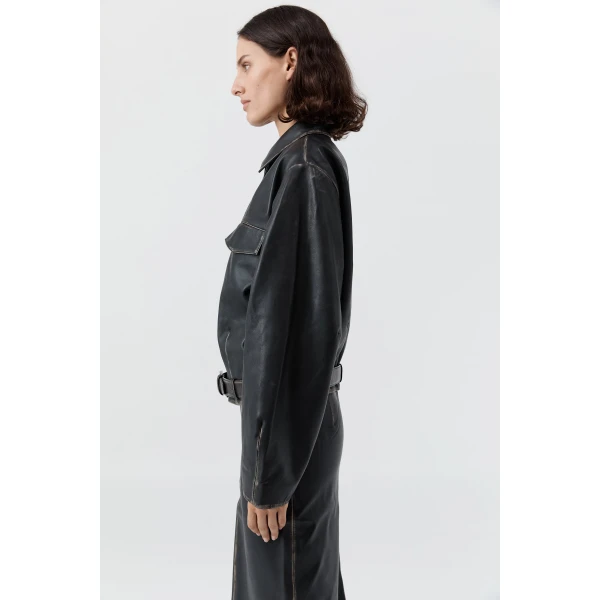 St. Agni Brushed Leather Belted Jacket in Black, view 5