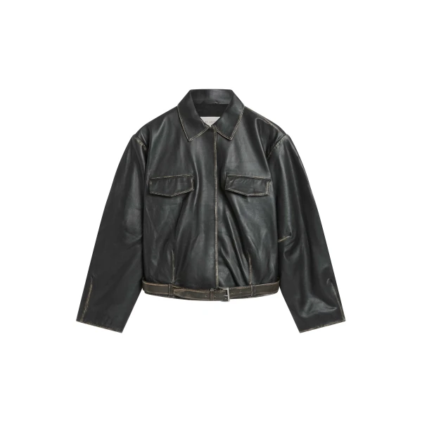 Brushed Leather Belted Jacket in Black