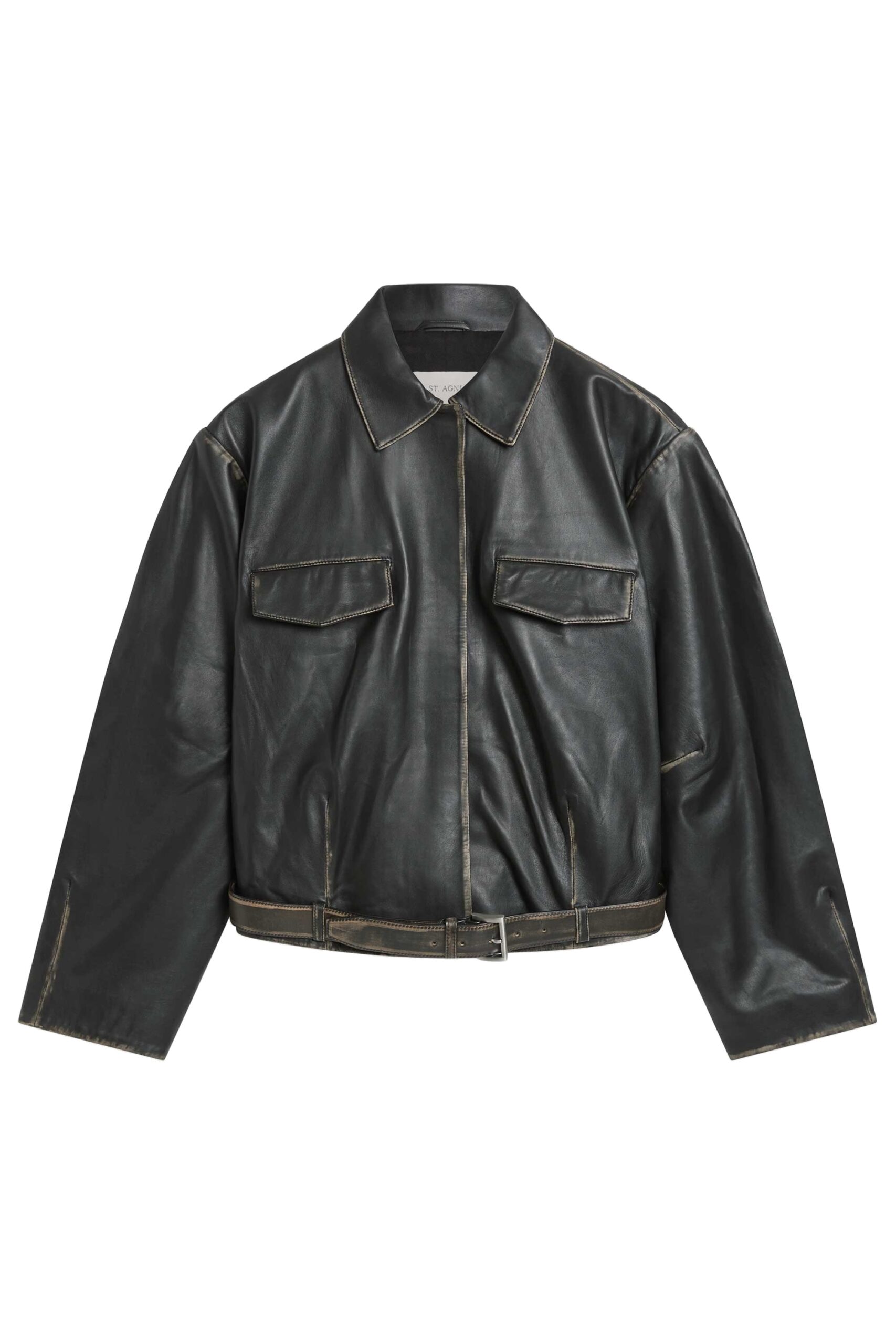 St. Agni Brushed Leather Belted Jacket in Black | Jackets | Coveti St. Agni Brushed Leather Belted Jacket in Black