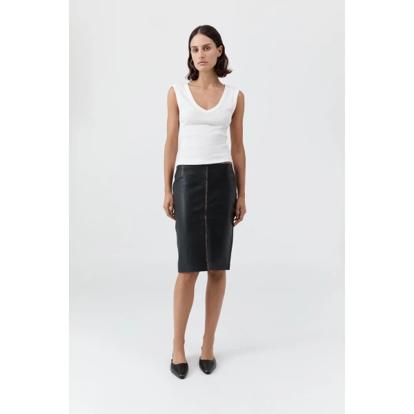 St. Agni Brushed Leather Pencil Skirt in Black, view 2