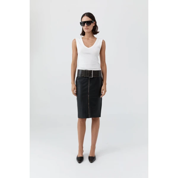 St. Agni Brushed Leather Pencil Skirt in Black, view 3