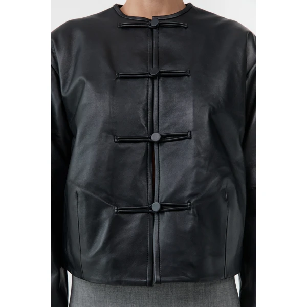 St. Agni Button Detail Cocoon Leather Jacket in Black, view 3