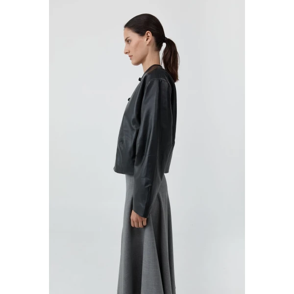 St. Agni Button Detail Cocoon Leather Jacket in Black, view 4