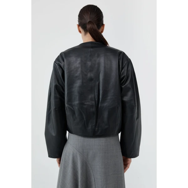 St. Agni Button Detail Cocoon Leather Jacket in Black, view 5