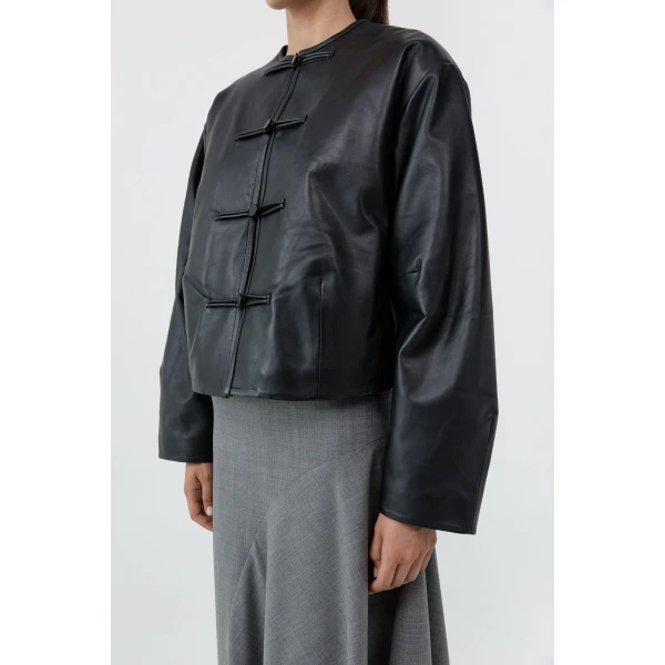St. Agni Button Detail Cocoon Leather Jacket in Black, view 6