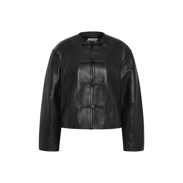 Button Detail Cocoon Leather Jacket in Black