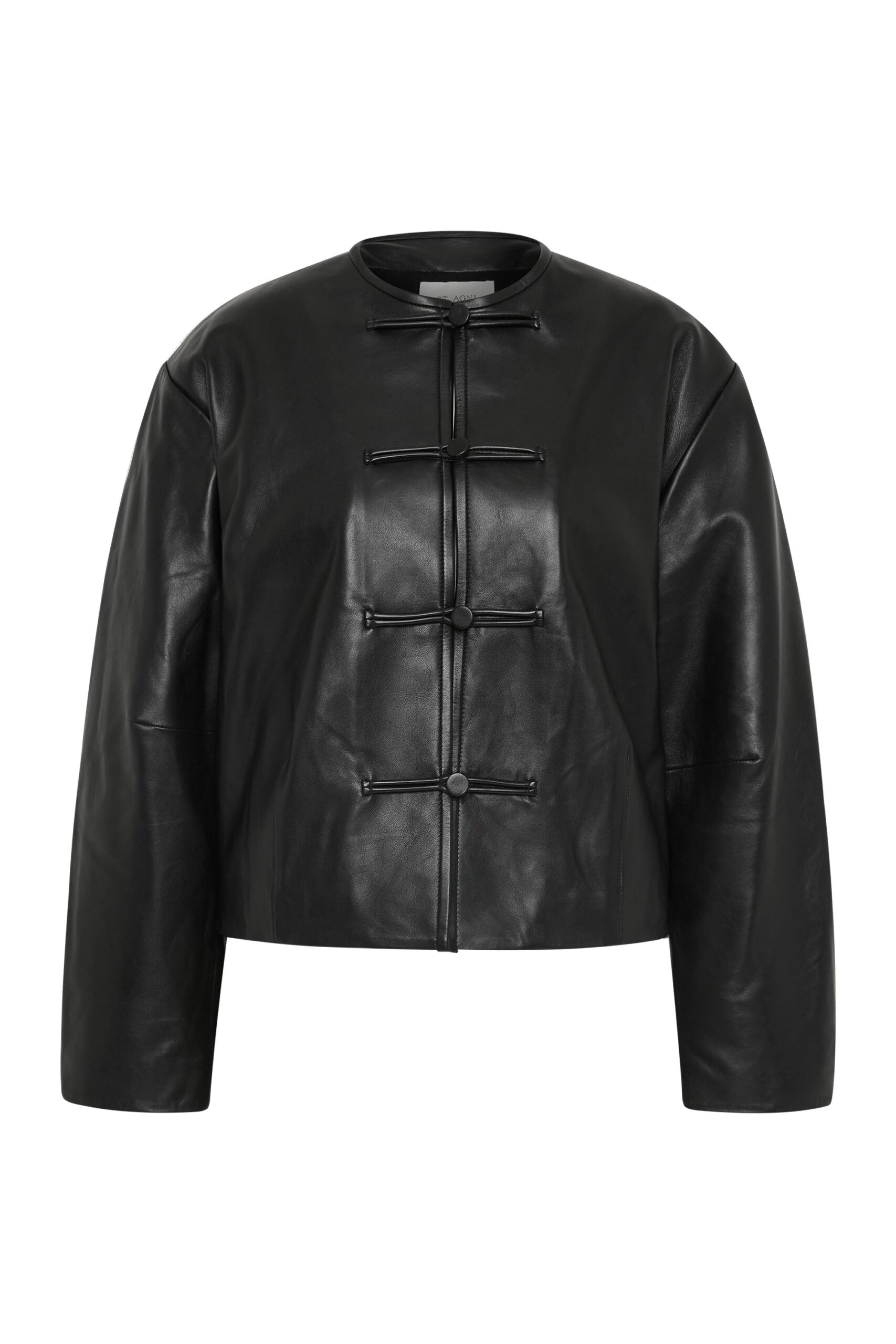 St. Agni Button Detail Cocoon Leather Jacket in Black | Jackets | Coveti St. Agni Button Detail Cocoon Leather Jacket in Black