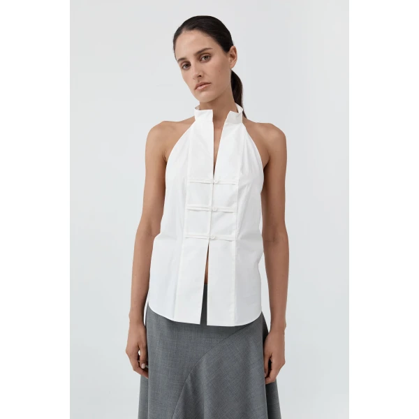 St. Agni Button Detail Halter Top in Off White, view 2