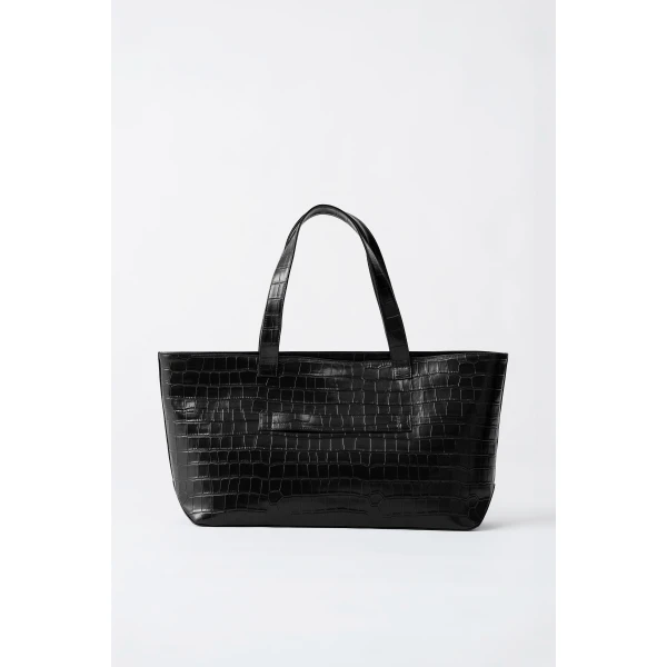 St. Agni Carryall Tote in Croc Embossed Black, view 2