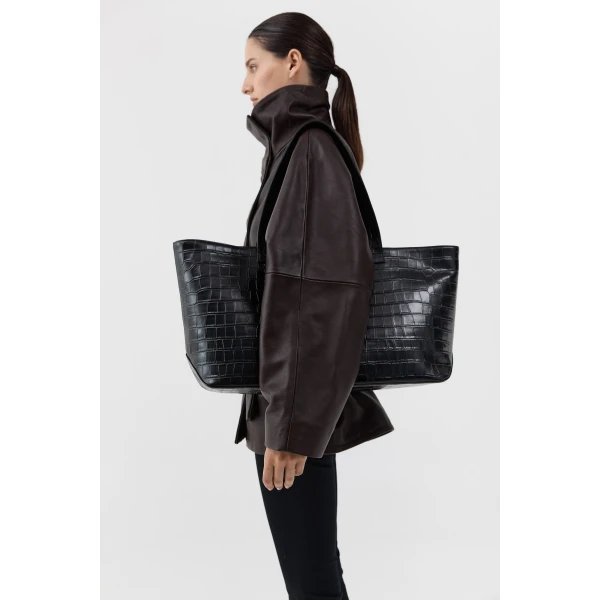 St. Agni Carryall Tote in Croc Embossed Black, view 3