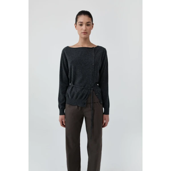St. Agni Cashmere Asymm Cardigan in Charcoal Melange, view 2