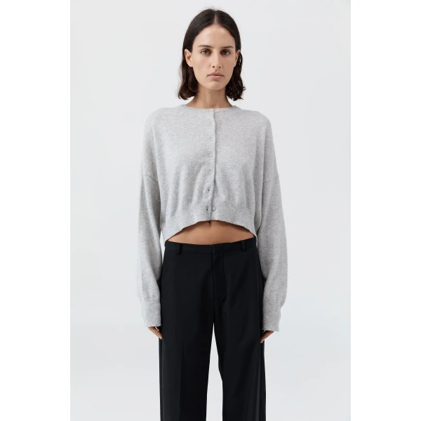 St. Agni Cashmere Relaxed Cropped Cardigan in Grey Marle, view 2