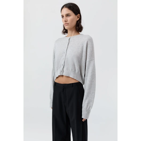 St. Agni Cashmere Relaxed Cropped Cardigan in Grey Marle, view 4