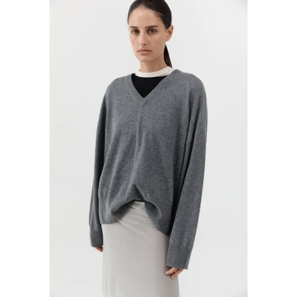 St. Agni Cashmere V Sweater in Smoked Melange, view 3