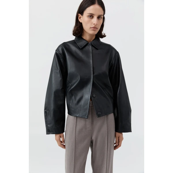 St. Agni Cocoon Leather Jacket in Black, view 3