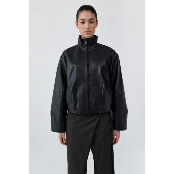 St. Agni Cocoon Zip Leather Jacket in Black, view 2