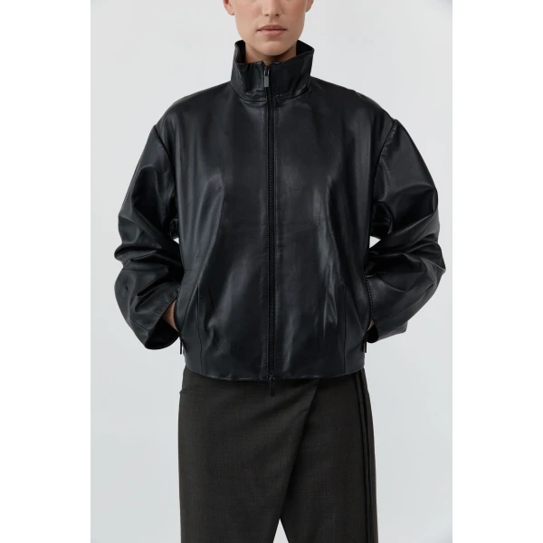 St. Agni Cocoon Zip Leather Jacket in Black, view 3