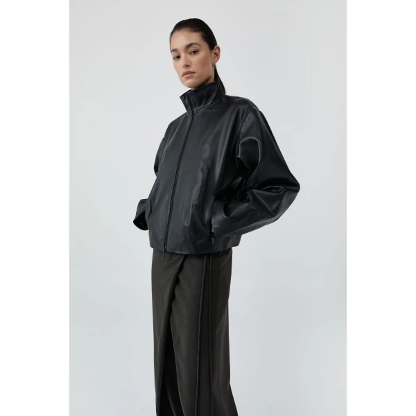 St. Agni Cocoon Zip Leather Jacket in Black, view 5