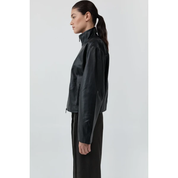 St. Agni Cocoon Zip Leather Jacket in Black, view 6