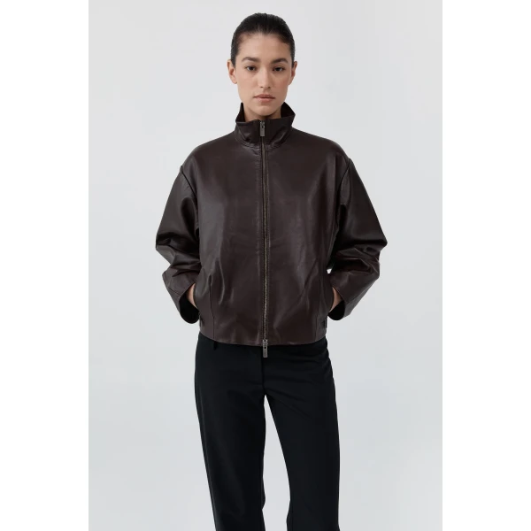 St. Agni Cocoon Zip Leather Jacket in Chocolate, view 2