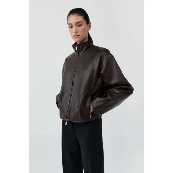 St. Agni Cocoon Zip Leather Jacket in Chocolate, view 3