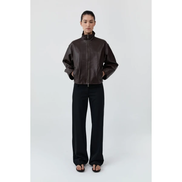 St. Agni Cocoon Zip Leather Jacket in Chocolate, view 4