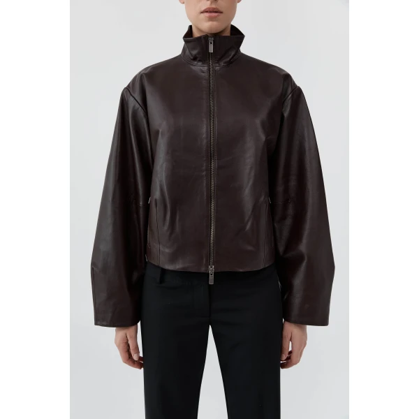 St. Agni Cocoon Zip Leather Jacket in Chocolate, view 5