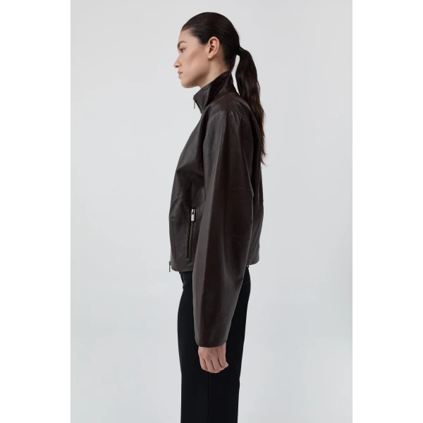 St. Agni Cocoon Zip Leather Jacket in Chocolate, view 6