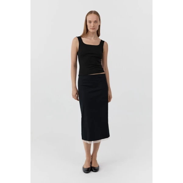 St. Agni Compact Cotton Layered Column Skirt in Black, view 2