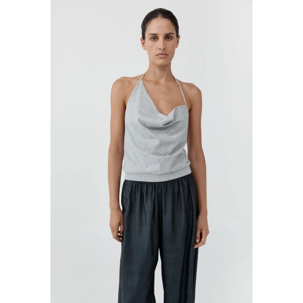 St. Agni Cotton Jersey Halter Top in Light Grey Marle, view 2