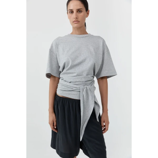 St. Agni Cotton Jersey Split Back Tee in Light Grey Marle, view 3