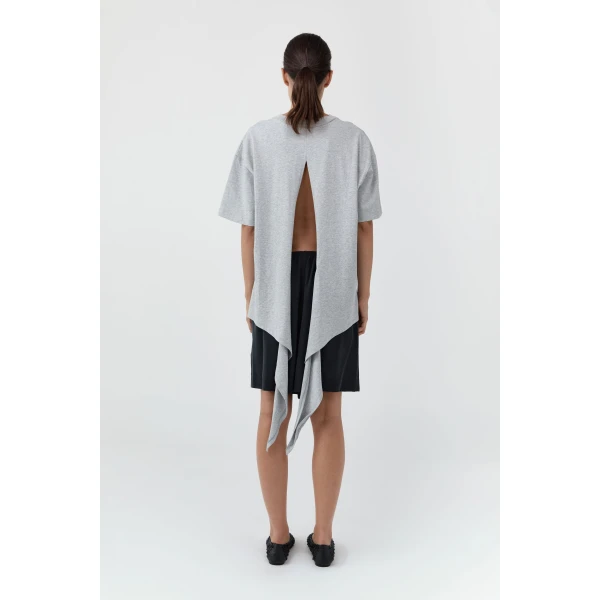 St. Agni Cotton Jersey Split Back Tee in Light Grey Marle, view 5