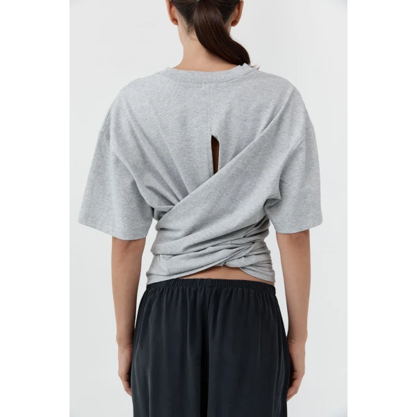 St. Agni Cotton Jersey Split Back Tee in Light Grey Marle, view 6