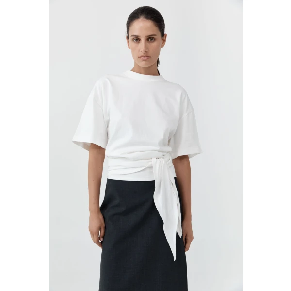 St. Agni Cotton Jersey Split Back Tee in Off White, view 6