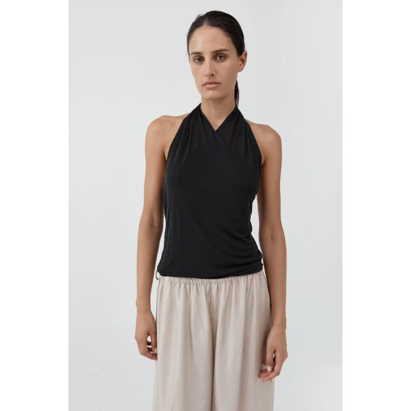 St. Agni Fine Jersey Wrap Halter Top in Charcoal, view 2