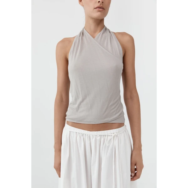 St. Agni Fine Jersey Wrap Halter Top in Soft Ash, view 4