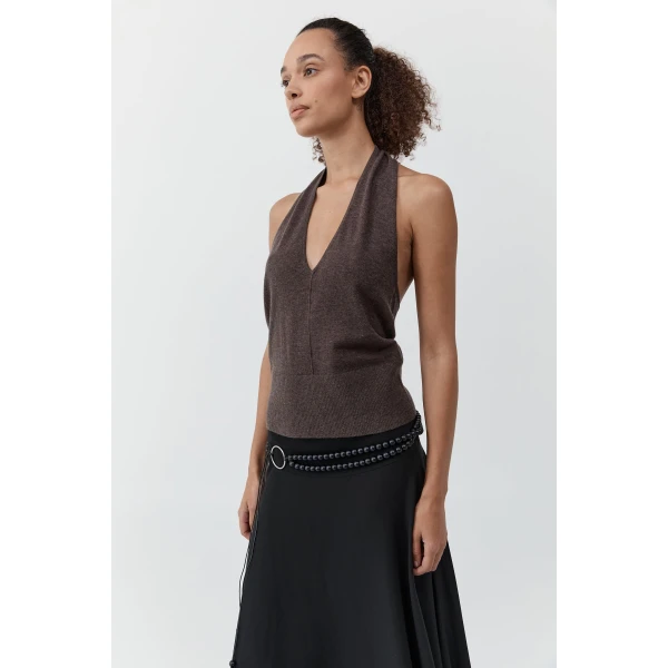 St. Agni Fine Merino Halter Top in Mulch, view 3
