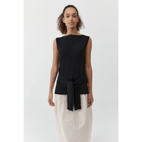 St. Agni Fine Merino Tie Waist Top in Black, view 2