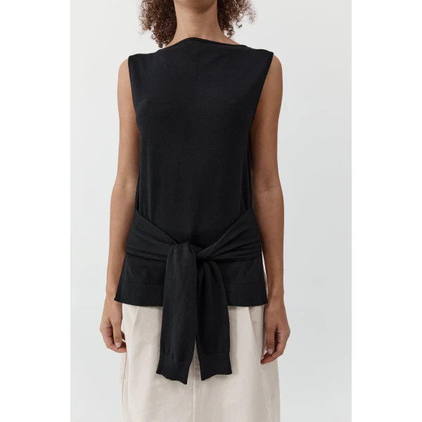 St. Agni Fine Merino Tie Waist Top in Black, view 6