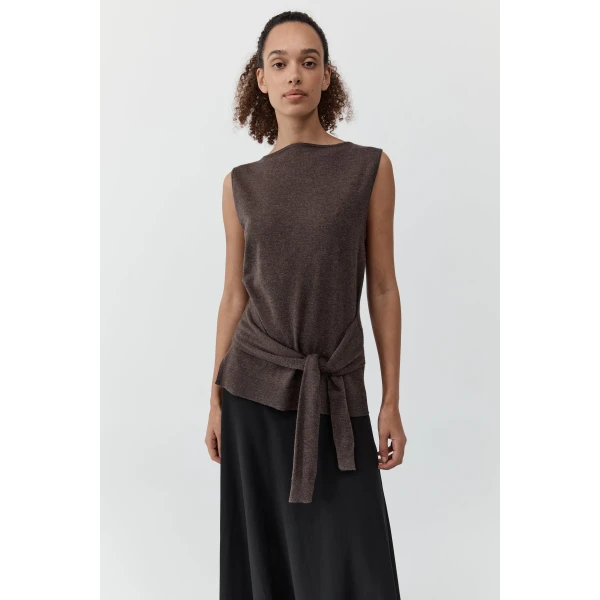 St. Agni Fine Merino Tie Waist Top in Mulch, view 2