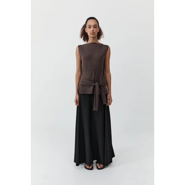 St. Agni Fine Merino Tie Waist Top in Mulch, view 3