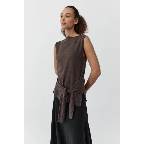 St. Agni Fine Merino Tie Waist Top in Mulch, view 4