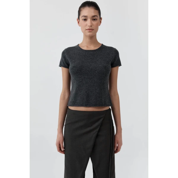 St. Agni Fine Merino Wool Baby Tee in Charcoal Melange, view 2