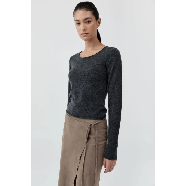 St. Agni Fine Merino Wool Long Sleeve Top in Charcoal Melange, view 3