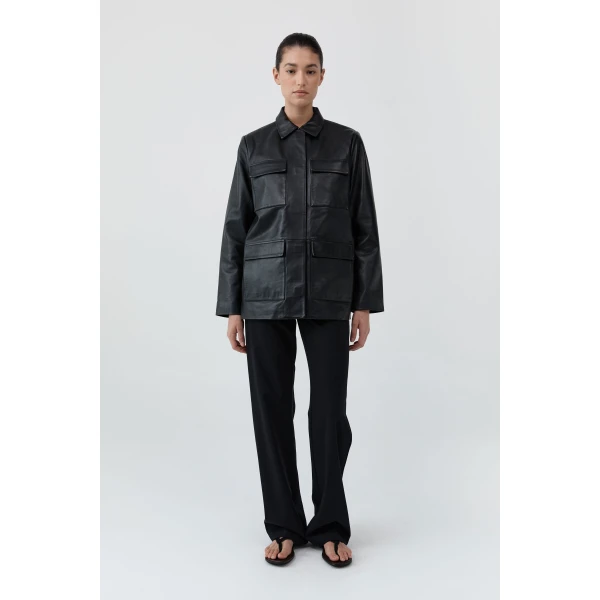 St. Agni Four Pocket Leather Jacket in Black, view 2