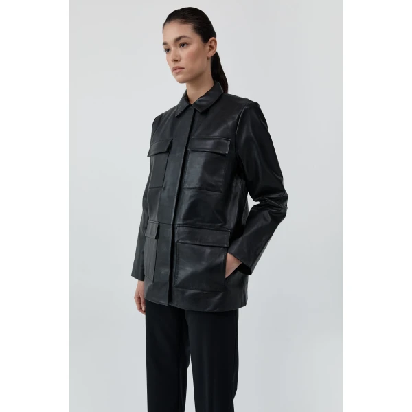 St. Agni Four Pocket Leather Jacket in Black, view 3